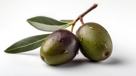 Green olives with leaves on a white background. Close-up.の素材