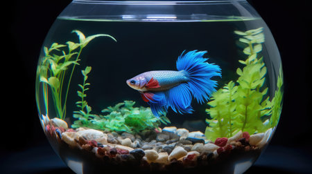 Siamese fighting fish in the aquarium with green seaweed.の素材