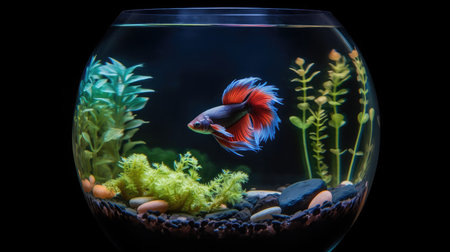 Siamese fighting fish in a bowl on black background, Thailandの素材