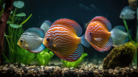 Tropical discus fish in an aquarium, close-up view.の素材
