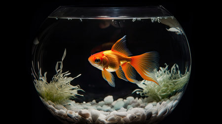 Goldfish in a fish tank on a black background, close-upの素材