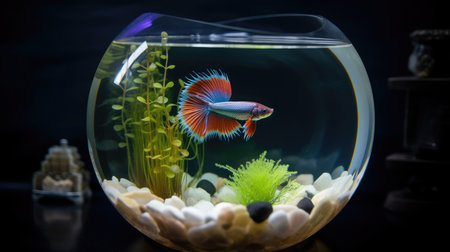 Siamese fighting fish in a round aquarium with green plants.の素材
