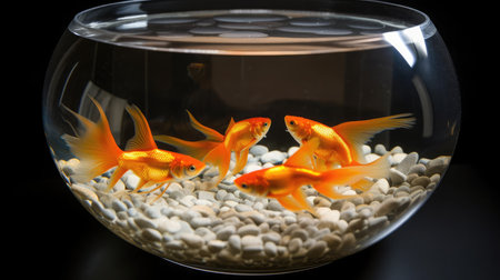 Goldfish in a glass bowl on a black background, close-upの素材
