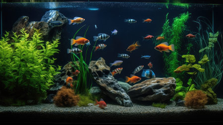 aquarium with fish, algae and corals in the water.の素材