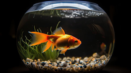 Goldfish in a glass bowl on a black background. Shallow depth of field.の素材