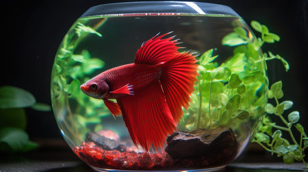 Siamese fighting fish in a glass bowl on black background.の素材