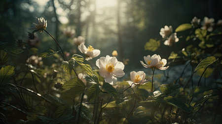 Anemone nemorosa flowers in the forest at sunset.の素材