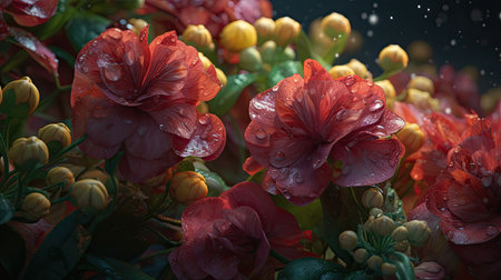 Water drops on red and yellow begonia flowers with dark background.の素材