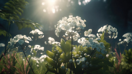 Beautiful white flowers in the meadow on a sunny day.の素材