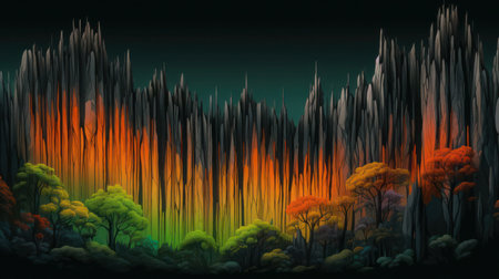 Fantasy landscape with trees and fire in the forest. 3d illustrationの素材