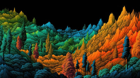 Colorful forest in the mountains. Computer generated illustration for design.の素材