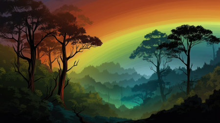 Forest landscape with trees and hills at sunset time. Vector illustration.の素材