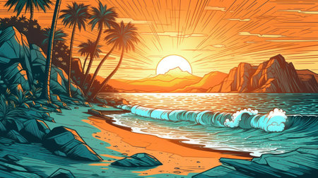 Tropical beach with palm trees and rocks at sunset, vector illustrationの素材