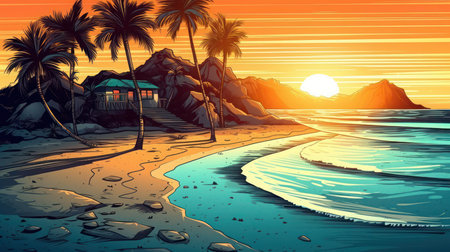 Tropical beach at sunset with palm trees. Vector illustration.の素材
