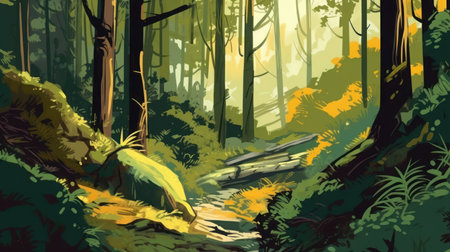 Forest with river in the morning. Colorful vector illustration for your designの素材