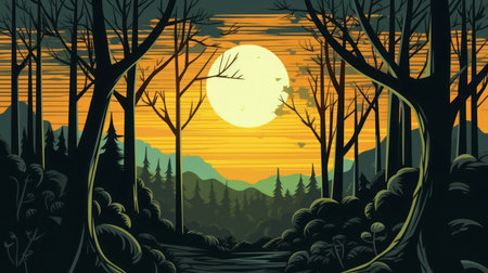 Forest landscape at sunset with full moon, trees and mountains, vector illustrationの素材