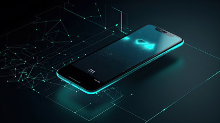 Smartphone with hologram screen on black background. 3d renderingの素材