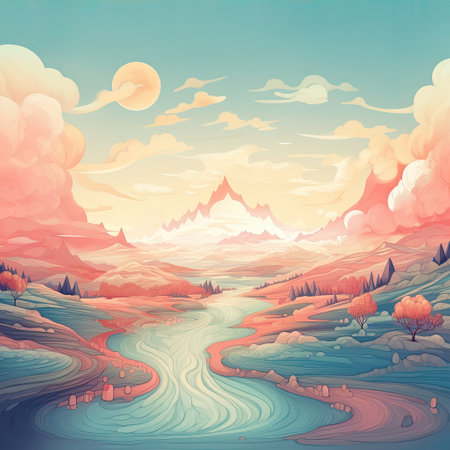 Beautiful landscape with a river and mountains in the backgroundの素材
