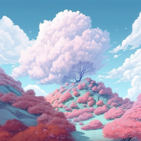 Autumn landscape with blue sky and clouds. Digital painting. 3D illustration.の素材