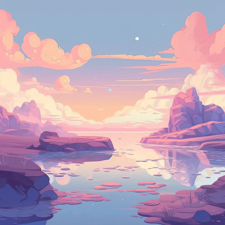 Illustration of a beautiful sunset over the sea with rocks and cloudsの素材