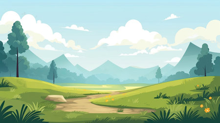 Landscape of rice field and mountains in the morning illustration.の素材