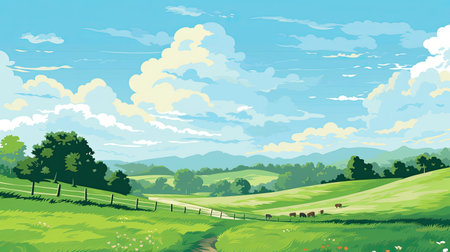 Summer landscape with green meadow and blue skyの素材