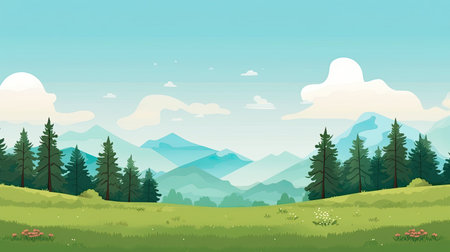 Landscape with mountains and forest. Cartoon style.の素材