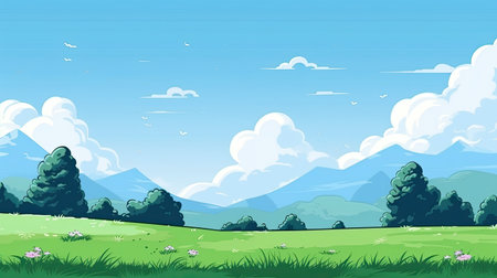 Nature landscape background with green meadow and blue skyの素材