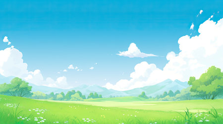 Green meadow and blue sky with white clouds.の素材