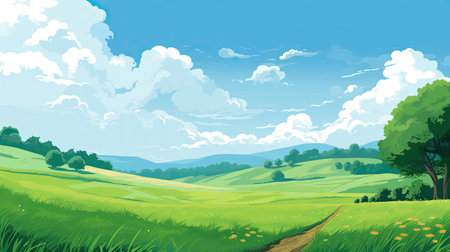 Summer landscape with green meadow and blue sky.の素材