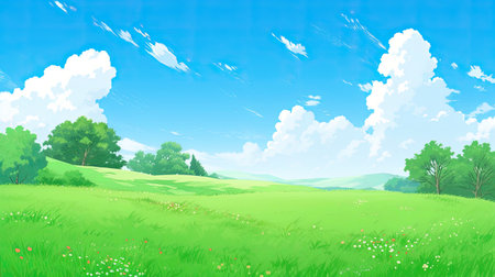 Green meadow with blue sky and white clouds.の素材