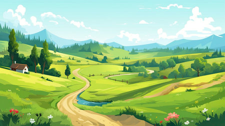 Landscape with meadows, forests and mountains.の素材