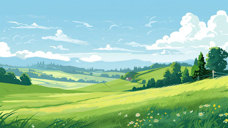 Summer rural landscape with green meadows and blue sky.の素材