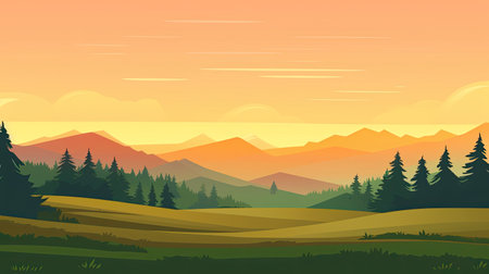 Beautiful landscape with mountains and forests at sunset.の素材