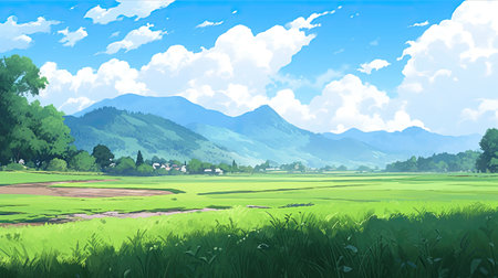 Green meadow with mountain and blue sky in backgroundの素材