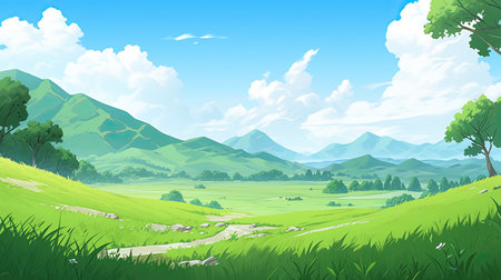 Green meadow landscape with mountain and blue sky.の素材