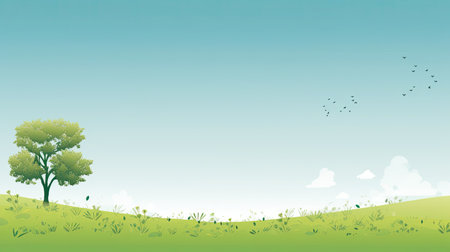 Nature background with green grass, trees and blue sky.の素材