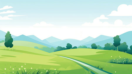 illustration of green meadow with road and mountains in the backgroundの素材