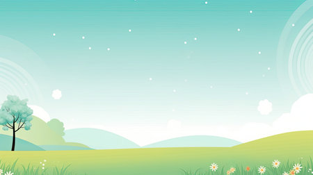 Spring background with grass, flowers and sky.の素材