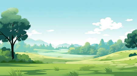 illustration of a summer landscape with green meadow and trees.の素材