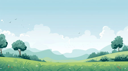 illustration of a green meadow with mountains in the background.の素材