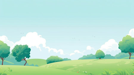 Illustration of a green meadow with trees and blue sky backgroundの素材