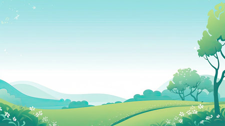 Nature background with green hills, trees and blue sky.の素材