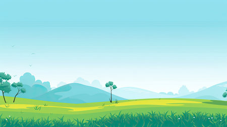 Nature landscape background with green meadow and blue sky illustration.の素材