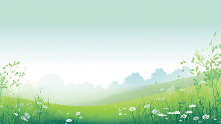 Summer landscape background with grass, flowers and sky.の素材