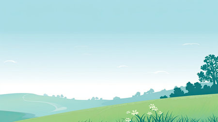 illustration of green meadow and blue sky with white clouds.の素材