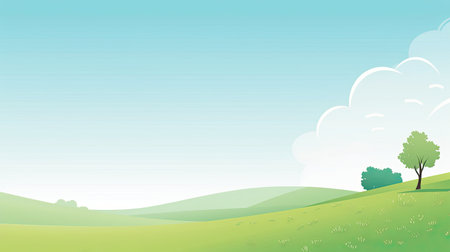illustration of green meadow with trees and clouds in the skyの素材