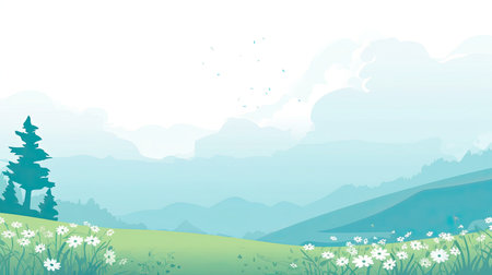 Green meadow with flowers and mountains in the backgroundの素材
