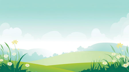 Spring background with grass, flowers and green hills.の素材