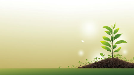 Ecology background with green sprout growing out of soil.の素材